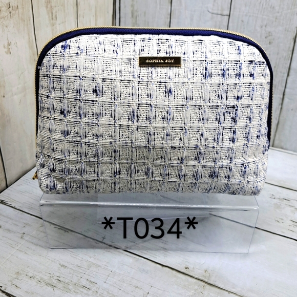 Sophia+Joy White Texture Blue Poly Lining MultiPocket Gold Zip Cosmetic Pouch - Picture 7 of 7